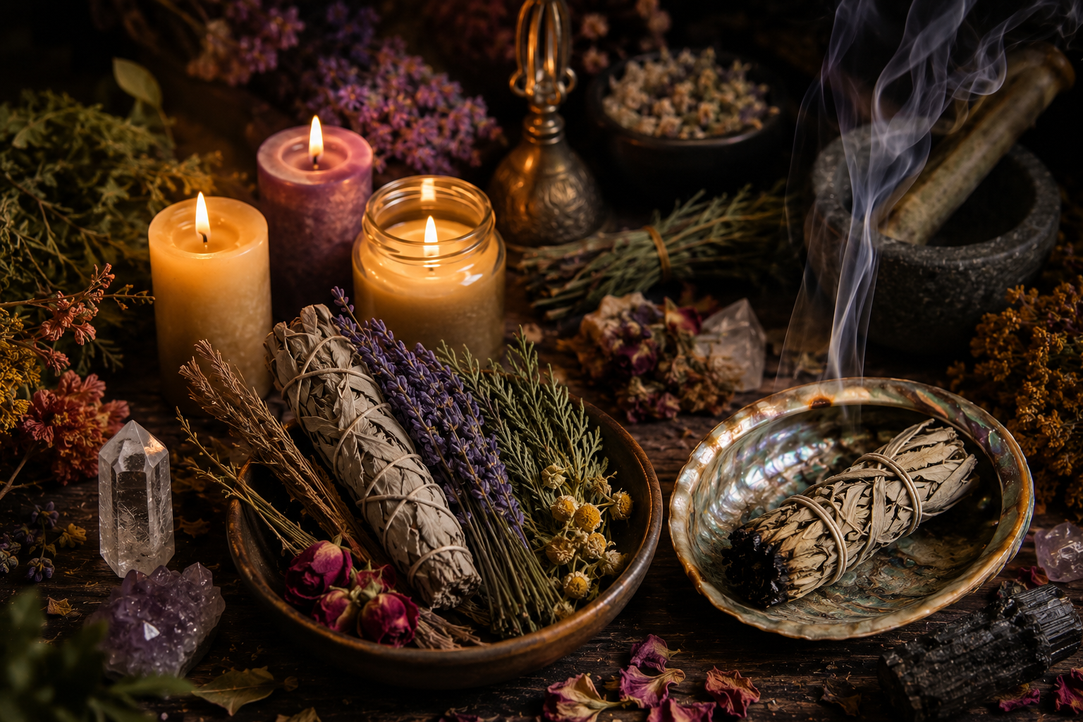 Candles and cleansing herbs used for negative energy removal remedies