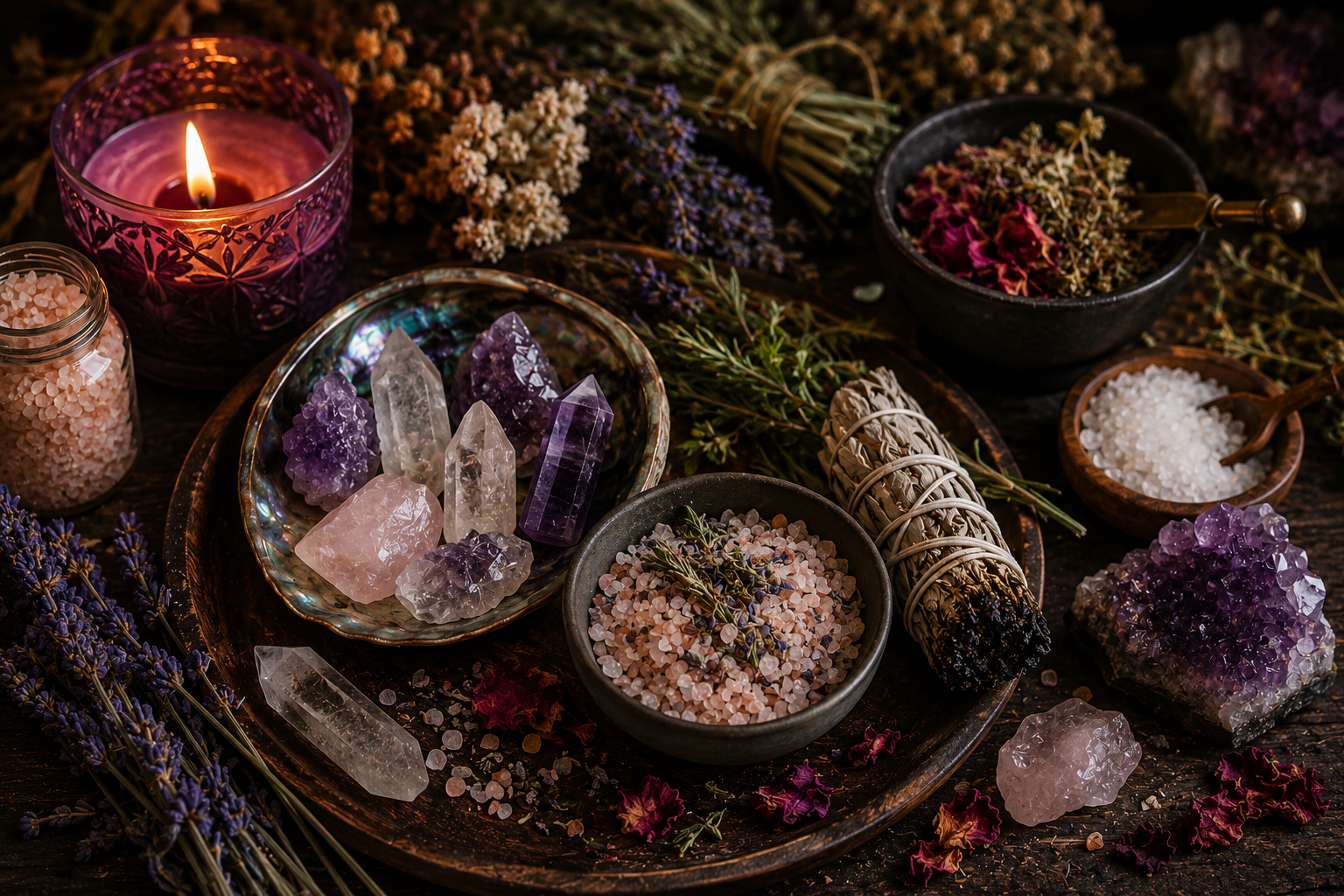 Crystals, salt, and herbs used together as negative energy removal remedies