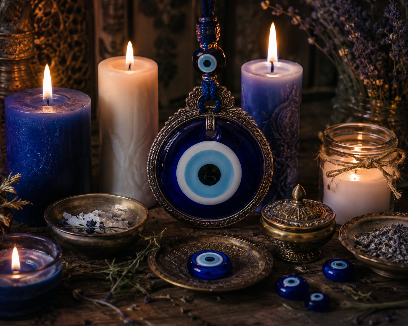 Evil eye talisman and candles used for daily spiritual protection rituals