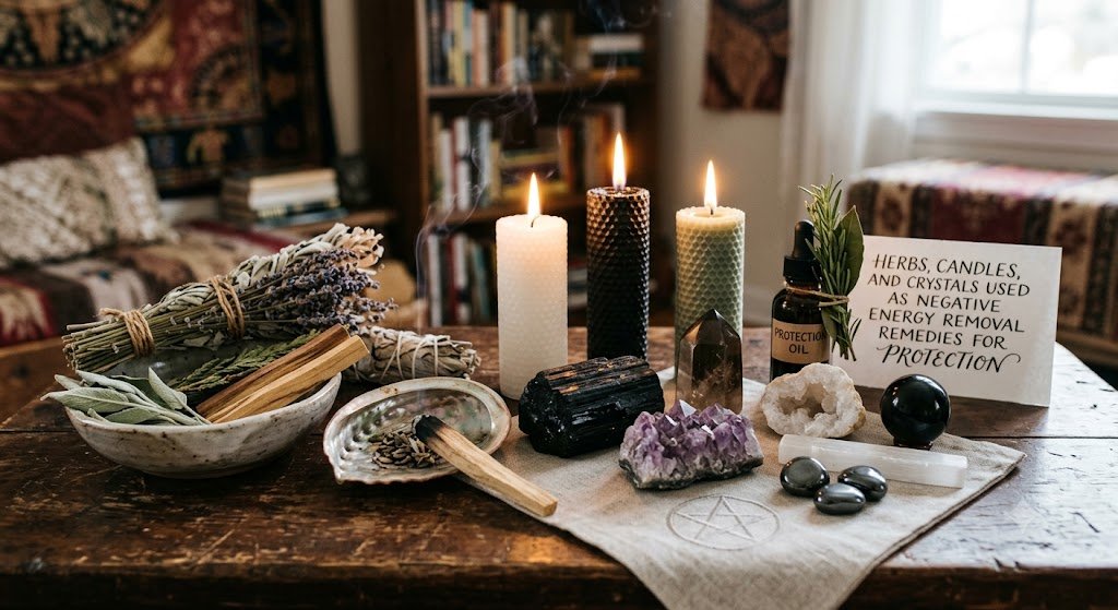 Herbs, candles, and crystals used as negative energy removal remedies for protection