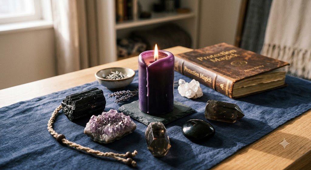 Protective crystals and candle used to protect yourself from black magic