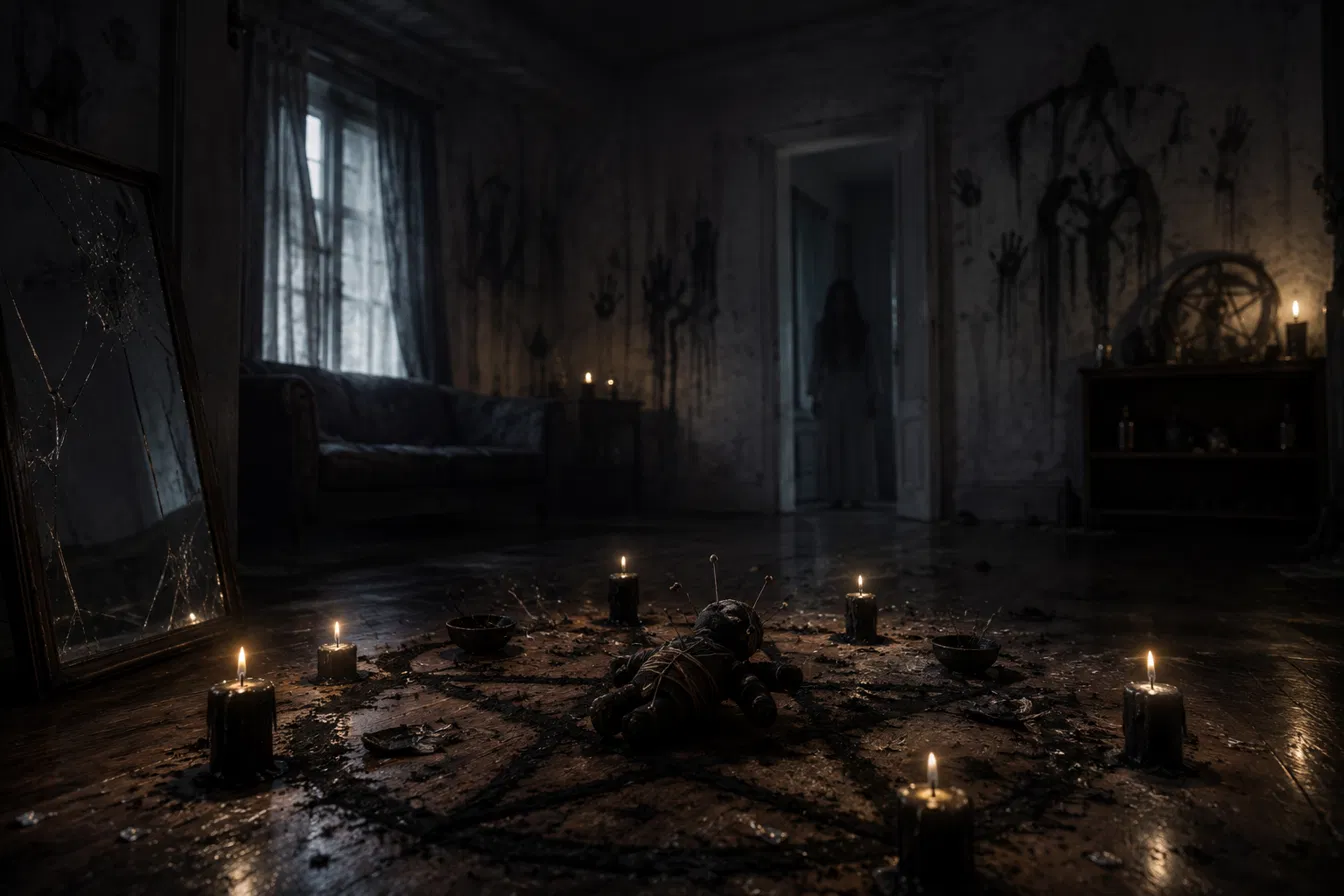 Dark room with candles and signs of black magic in a house